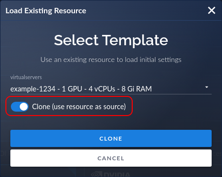 Toggle "Clone (use resource as source)" to clone a Virtual Server